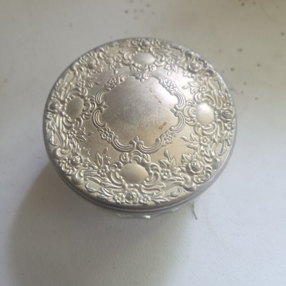 Vintage Glass Powder Jar Silver Plated Embossed Lid Vanity Trinket Box Mirror